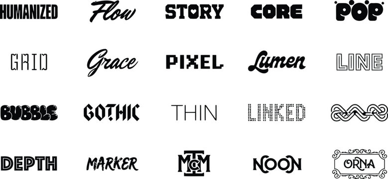 Modern typography font collection with diverse styles and designs. Handwritten, bold, and decorative lettering set for branding and graphic design.