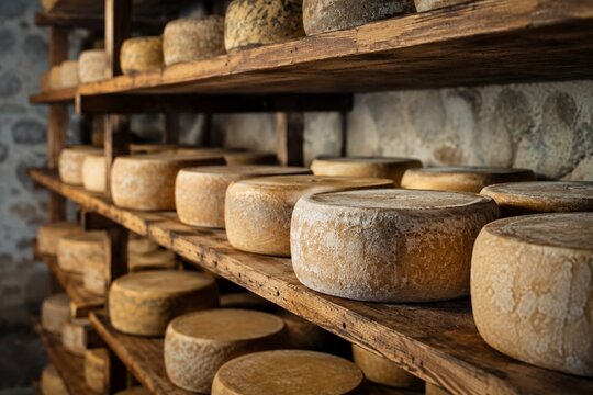 Artisan cheese wheels aging on wooden shelves in cheese cellar