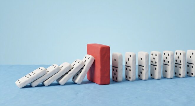 Minimalist 3D claymation style falling dominos stopped by a red block