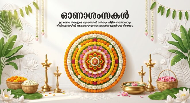 Onam festival greeting with a circular floral pookalam, brass oil lamps, and traditional malayalam text on a white wall background, decorated with green, leaves and hanging garlands