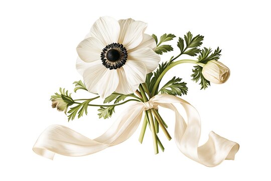 Vintage botanical illustration of a white anemone flower bouquet tied with ribbon, isolated on white background