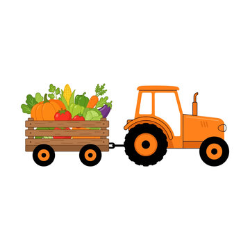 Orange farm tractor pulling a wooden trailer filled with fresh harvest vegetables and fruits Vector