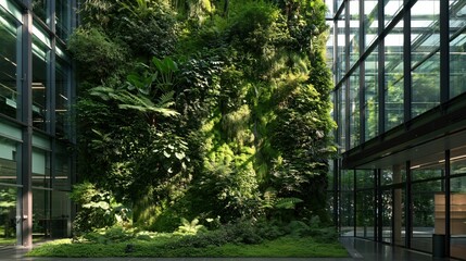 Fototapeta premium Futuristic vertical garden installation flourishing inside a modern glass atrium filled with daylight, framed in warm cinematic light with plenty of negative space