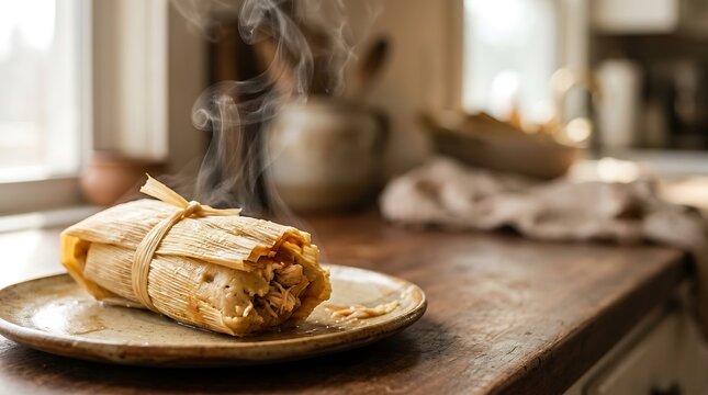 Steaming hot traditional tamale on a ceramic plate in a rustic kitchen