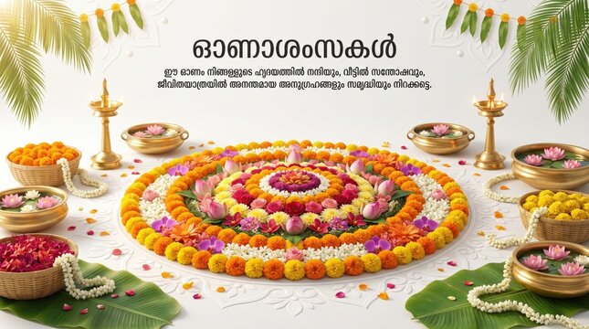 Pookalam floral arrangement with marigold petals, brass oil lamps, and lotus flowers on a white background, celebrating the onam festival in kerala, india, with malayalam text greeting