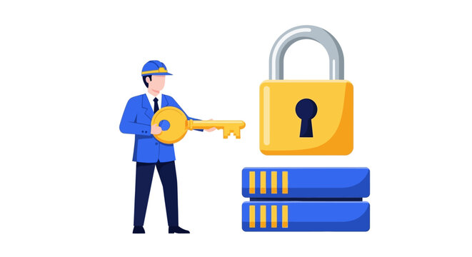 IT Professional Holding Golden Key to Secure Server Data, Cybersecurity and Data Protection Flat Vector Illustration