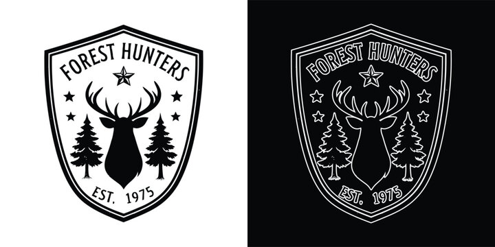 Forest hunters vintage emblem design featuring deer head and trees