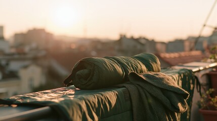 Fototapeta premium Low angle of a rolled sleeping bag and wool blanket airing outdoors beside a quiet campsite, framed in warm cinematic light with plenty of negative space