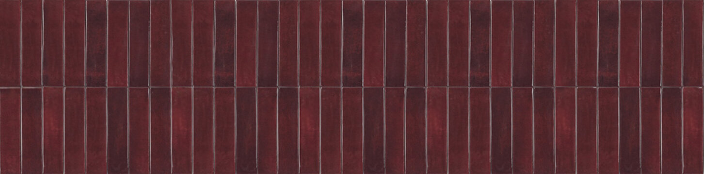 Vertical deep burgundy red glossy ceramic finger tiles arranged in two parallel modern rows.