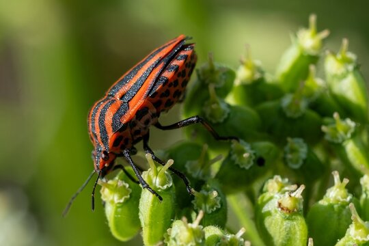striped bug Graphosoma italicum striped shield bug crawling on green plant