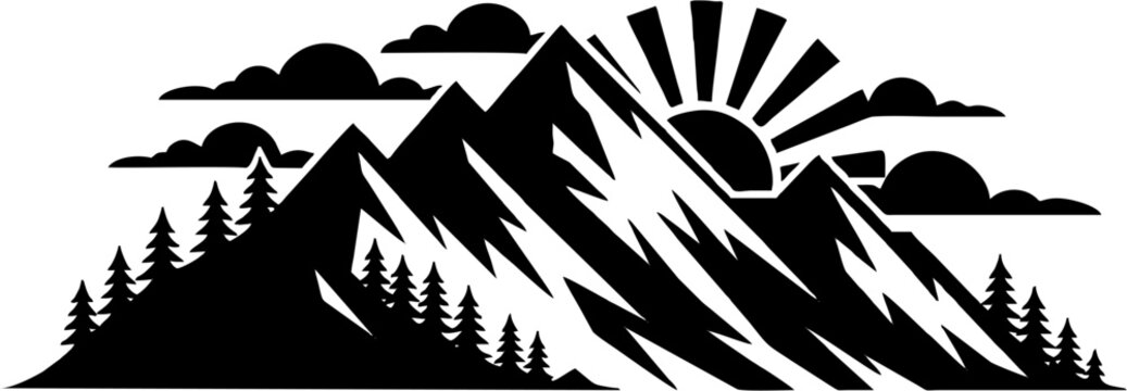 Mountain range silhouette with pine trees and rising sun