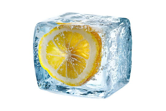 Refreshing Crystal Clear Lemon Ice Cube with Trapped Citrus Slice and Bubbles Isolated to Transparent Background