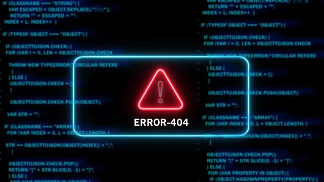 Dynamic 404 error page notification with glowing neon warning symbol and scrolling blue computer programming code background, for cybersecurity, software, development, and digital, technology web
