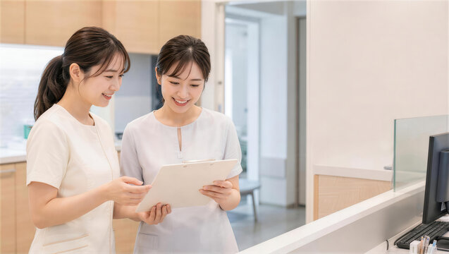 受付でタブレットを確認する医療事務スタッフ2人