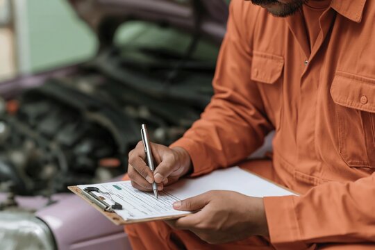 Worker in orange coveralls writing on a clipboard by an open car hood, textured and weathered detail for auto service and repair estimate concepts