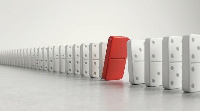 Domino effect with red block falling on white tiles. Sequential chain reaction in risk management and business strategy concept.