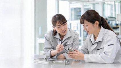 Obraz premium 工場で部品を点検する日本人女性2人