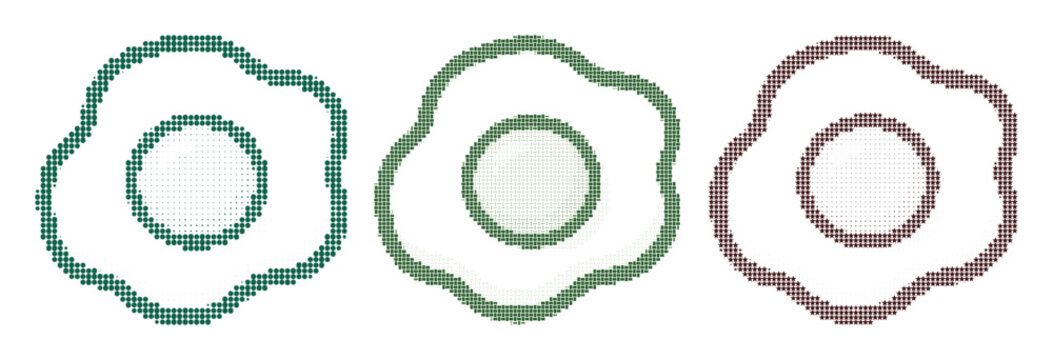 Fried egg breakfast meal icon shown in three different halftone pixelated pattern styles.