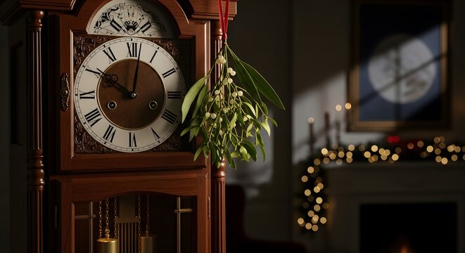 Grandfather clock with mistletoe hanging during festive Christmas evening with warm fireplace glow
