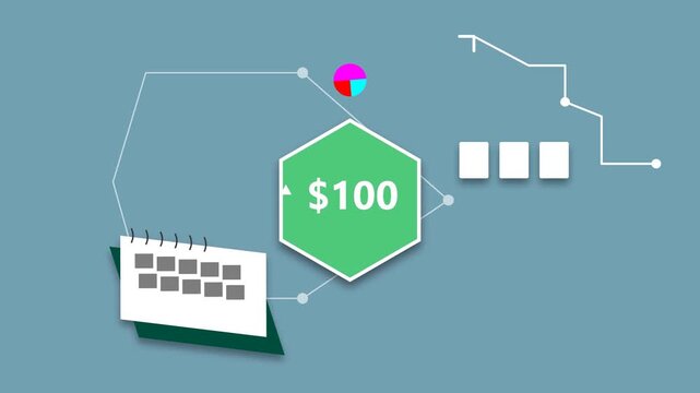 Business cash bonus payment of one hundred dollars. Financial incentive or salary raise concept with green money icon and workflow arrows.