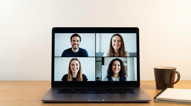 Video conference call on laptop with team