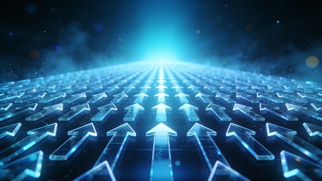 Futuristic digital network of glowing arrows converging toward a central bright point