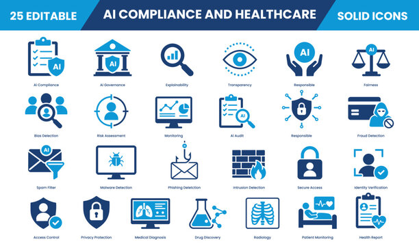 AI compliance solid icons. Healthcare icons collection. Transparency, Responsibility, Fairness, Bias Detection, Risk Assessment, Fraud Detection, Spam Filter, Malware Detection