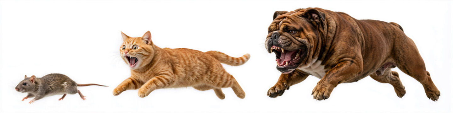 Angry bulldog chasing scared cat chasing rat, a funny running chain chase isolated on white or transparent background, humorous dynamic action realistic photograph of predator prey and fear concept
