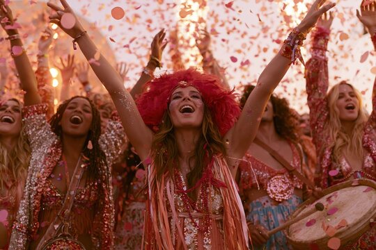 Group of ecstatic revelers in feathered costumes dance at a beach carnival under falling confetti for festival and nightlife marketing