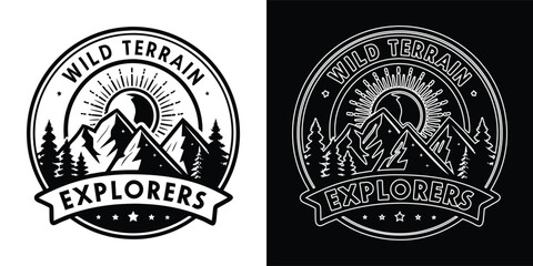 Wild terrain explorers mountain badge with sun and pine tree silhouettes © Ahsanul