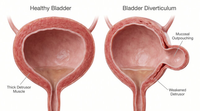 3D Medical Illustration Comparing a Healthy Bladder and Bladder Diverticulum Pathology