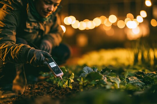 Woman testing soil acidity with a digital pH meter in a glowing evening garden, earthy and diligent mood for sustainable agriculture and smart farming