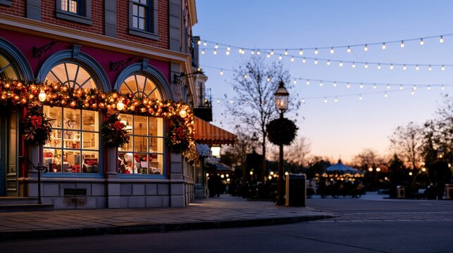 Festive elegant storefront decorated with warm glowing garlands and wreaths at twilight for holiday season marketing and winter retail promotions