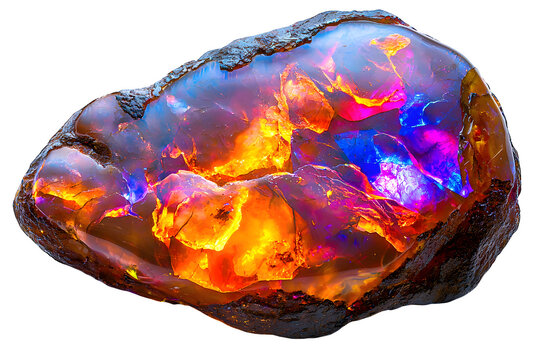 Fire Opal Gemstone with Fiery Interior and Cobalt Highlights for Luxury Mineral Specimen Isolated to Transparent Background