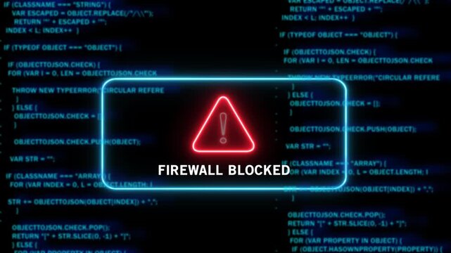 Cybersecurity firewall blocked warning sign displayed over scrolling blue computer programming code background, for digital network, protection, data breach, prevention, and advanced information