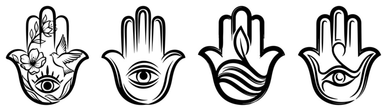 Hamsa hand protection symbols set with spiritual eye and floral elements in minimal line art style