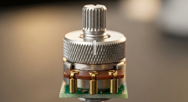 Metal rotary potentiometer knob with textured grip in shallow depth of field against a blurred background