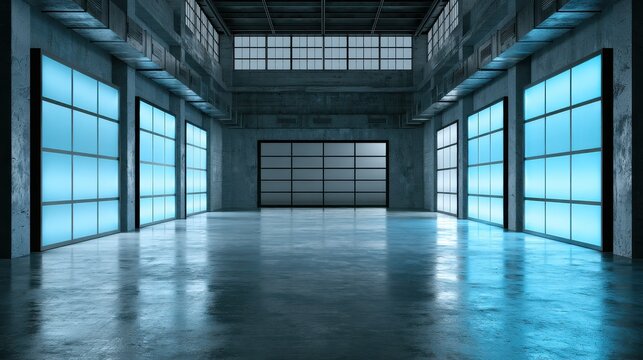 Empty tech showroom with glowing blue wall panels