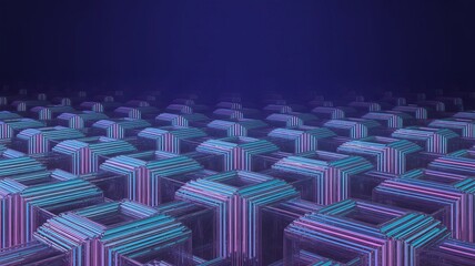 Obraz premium Repeating pattern of 3d cubes featuring striped edges in shades of pink, blue, and purple, arranged in a grid formation against a deep blue background, creating a rhythmic and textured visual effect