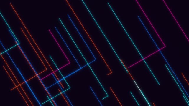 Abstract neon light trails in dark motion blur. Futuristic digital speed lines for tech and innovation design.