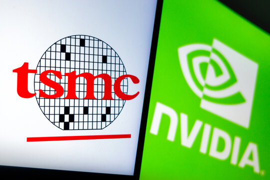 Raleigh, North Carolina - August 2, 2026: TSMC logo and Nvidia logo in the background, semiconductor industry branding