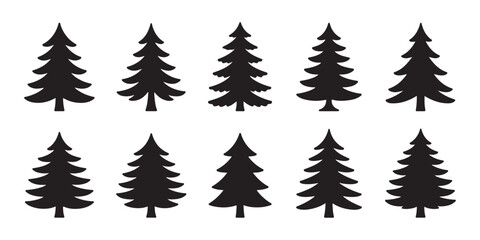Set of ten coniferous pine tree icons for graphic design projects in a flat black vector silhouette. © Update