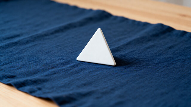 equilateral. Single white equilateral triangle object on deep blue linen, calm still life for editorial concept, lifestyle magazines.