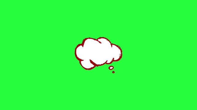 Hand drawn thought bubble animation on green screen chroma key background with red outline white cloud