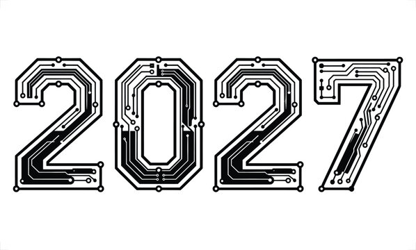 The year 2027 written in a black circuit board pattern style with interconnected lines and nodes, isolated on a white background