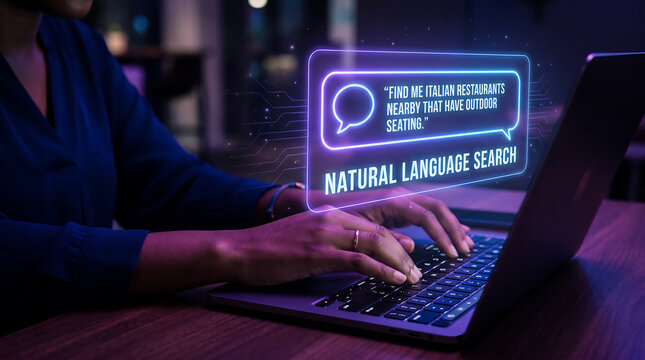 Person working on a laptop with a futuristic holographic display showing natural language search interface in a dark office environment