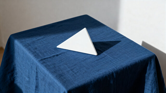 equilateral. Single white equilateral triangle object on deep blue linen, calm still life for editorial concept, lifestyle magazines.