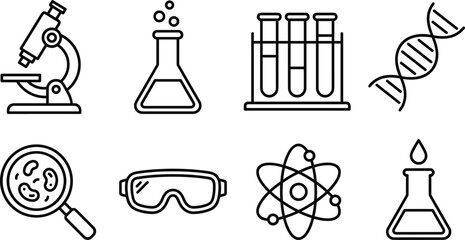 Science laboratory and biochemistry research vector icon set featuring microscope chemical flask test tubes dna helix bacteria magnifier safety goggles and atom line art. © MDHELAL