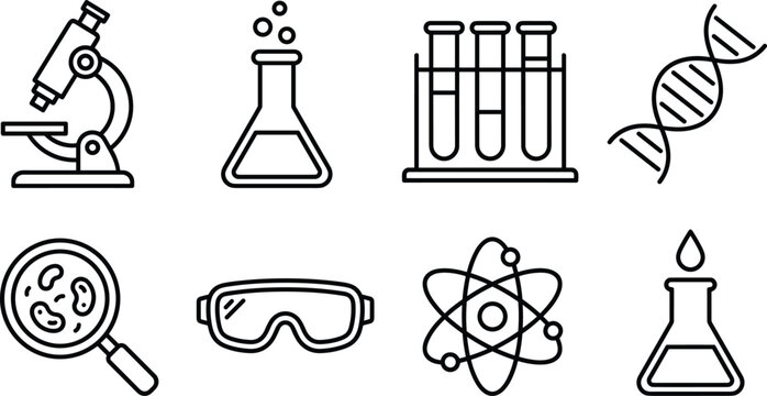 Science laboratory and biochemistry research vector icon set featuring microscope chemical flask test tubes dna helix bacteria magnifier safety goggles and atom line art.