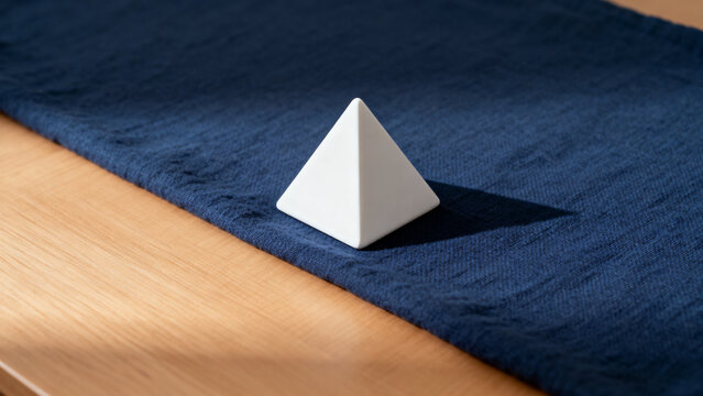 equilateral. Single white equilateral triangle object on deep blue linen, calm still life for editorial concept, lifestyle magazines.